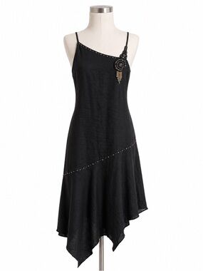 Vintage Rene Derhy Beaded Embellished Black Linen Asymmetrical  Maxi Dress Sz 6